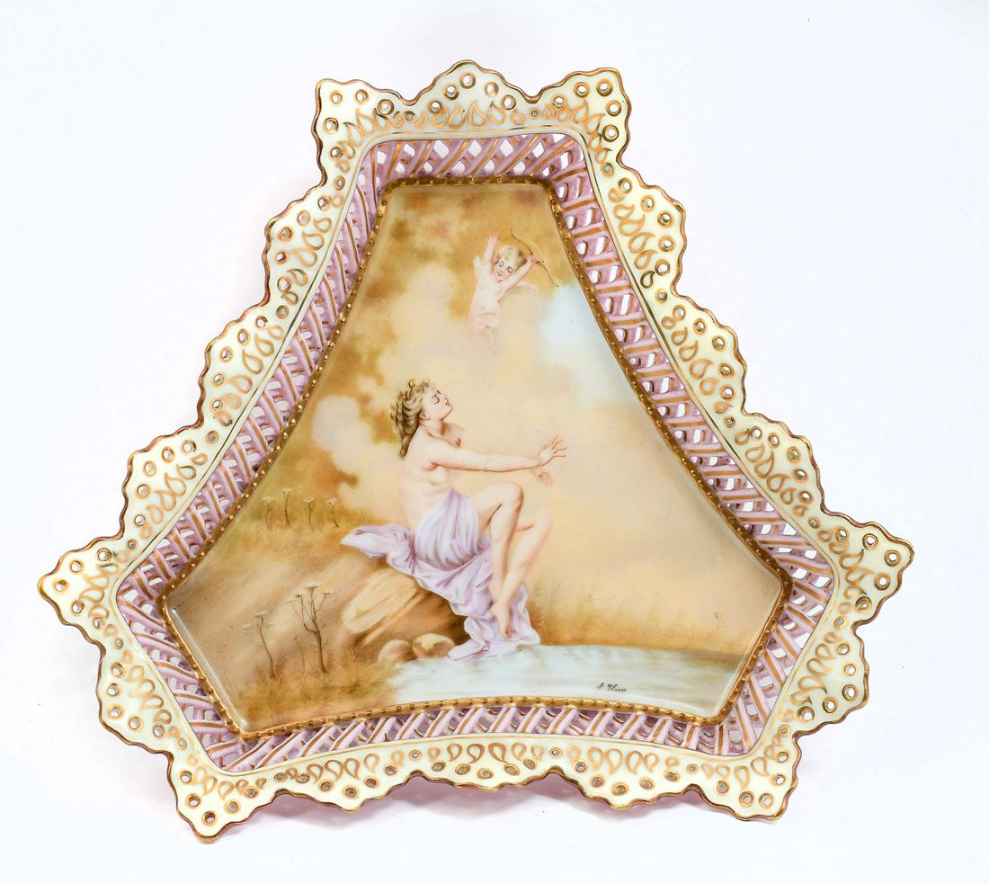 SIGNED A. HEER VIENNA PORCELAIN NUDE TRAY: SIGNED A. HEER VIENNA PORCELAIN NUDE TRAY: signed A. Heer on the front, additionally signed Jo and stamped Austria with a cobalt blue old beehive shield mark, 10.75 x 9 x 1.75 inches, nude female maid