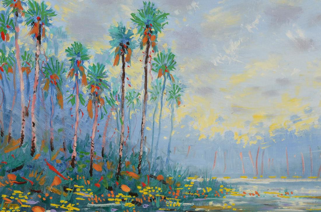 GREGORY BEHYMER SAINT JOHN'S RIVER FLORIDA PAINTING: BEHYMER, Gregory Lee, (American, 1952-): ''Tall Palms, Saint John's River'', Florida, Oil/Canvas Board, 14'' x 18'', signed lower left, titled verso, framed, 15.5'' x 19.5''.