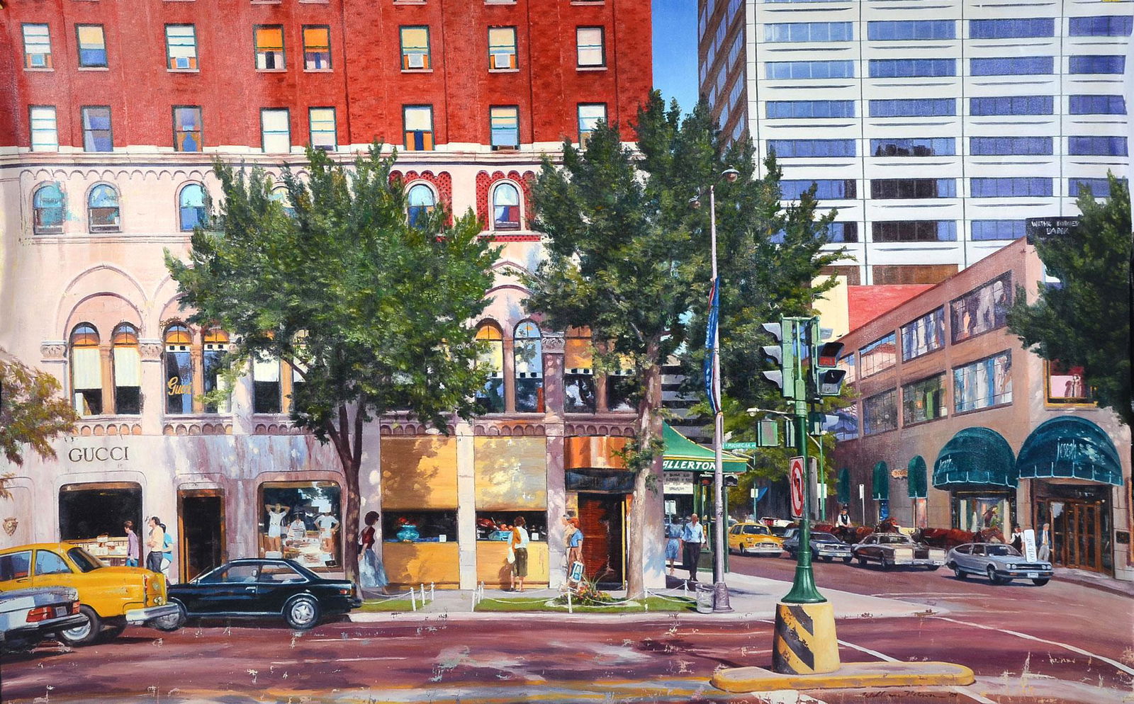 LARGE WILLIAM NELSON CHICAGO STREET PAINTING: NELSON, William, (American, 1942-): Chicago Street Scene at the Corner of Michigan Ave, Allerton Hotel and Gucci, Oil/Canvas, unstretched, 38'' x 58'', signed lower right and dated '84.