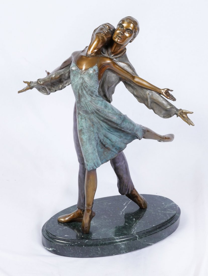 LARGE MARIO JASON PATINATED BRONZE ''PRELUDE'' BALLE: JASON, Mario, (American, 20th Century): ''Prelude'', A Ballet Dancing Couple, Patinated Bronze, 23'' in height, signed, titled, dated '86 and numbered 7/30. Affixed to a polished and beveled marble pl