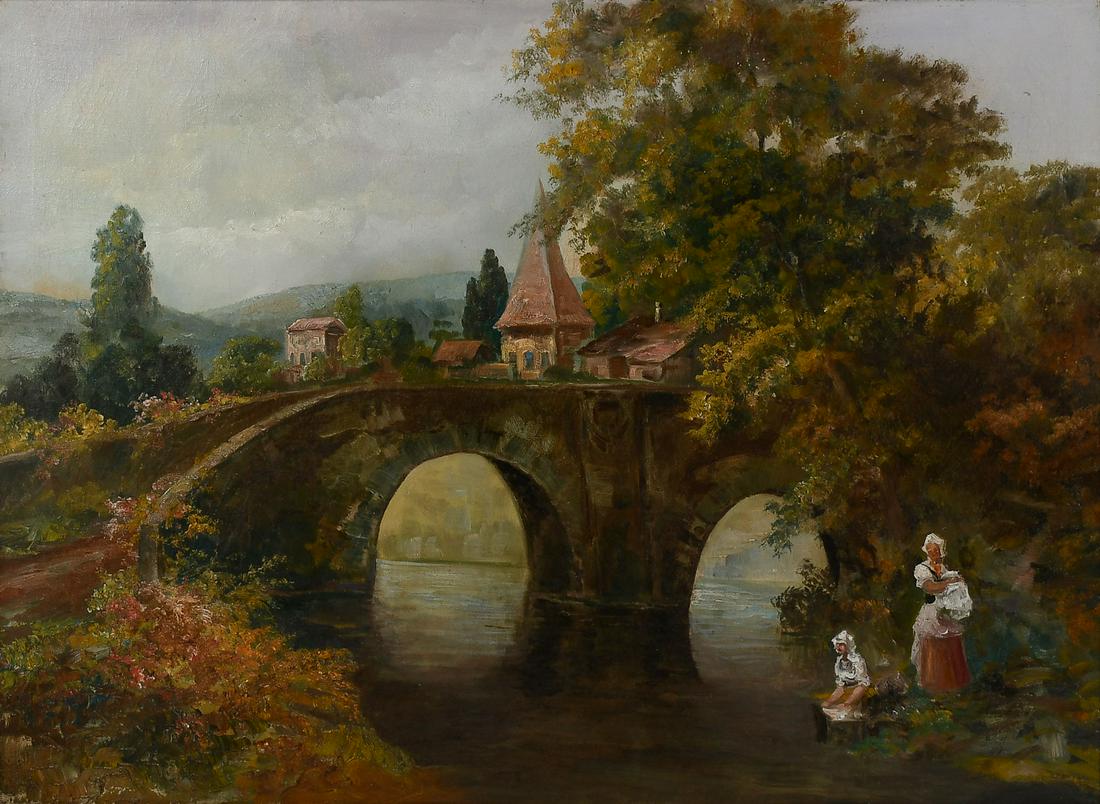 LARGE EUROPEAN LANDSCAPE PAINTING WITH WASHER WOMAN: LARGE EUROPEAN LANDSCAPE PAINTING WITH WASHER WOMAN AND STONE BRIDGE: Oil/Canvas, 30'' x 40'', possible signature lower left, period gilded gesso frame, 37.5'' x 47.5''.