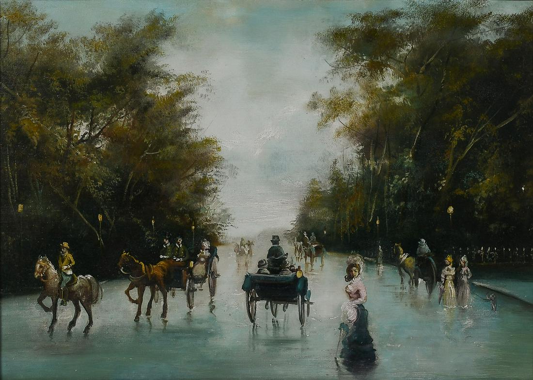 PARISIAN PARK SCENE PAINTING IN FANTASTIC GILDED A: PARISIAN PARK SCENE PAINTING IN FANTASTIC GILDED AND CARVED NEWCOMB MACKLIN FRAME: Oil/Canvas, 23.75'' x 39.5'', measures 30.5'' x 38.5'' with mat, unsigned, overall measurements 35.5'' x 43.5''.