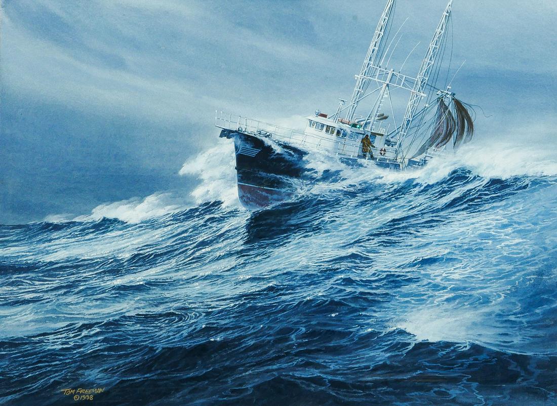 TOM FREEMAN DRAMATIC WATERCOLOR PAINTING: FREEMAN, Tom, (American, 1952-2015): "The Perfect Storm", Watercolor, sight size 16" x 21", signed lower left and dated 1998, framed, 26.5" x 32". for more information about this artist's highly inter