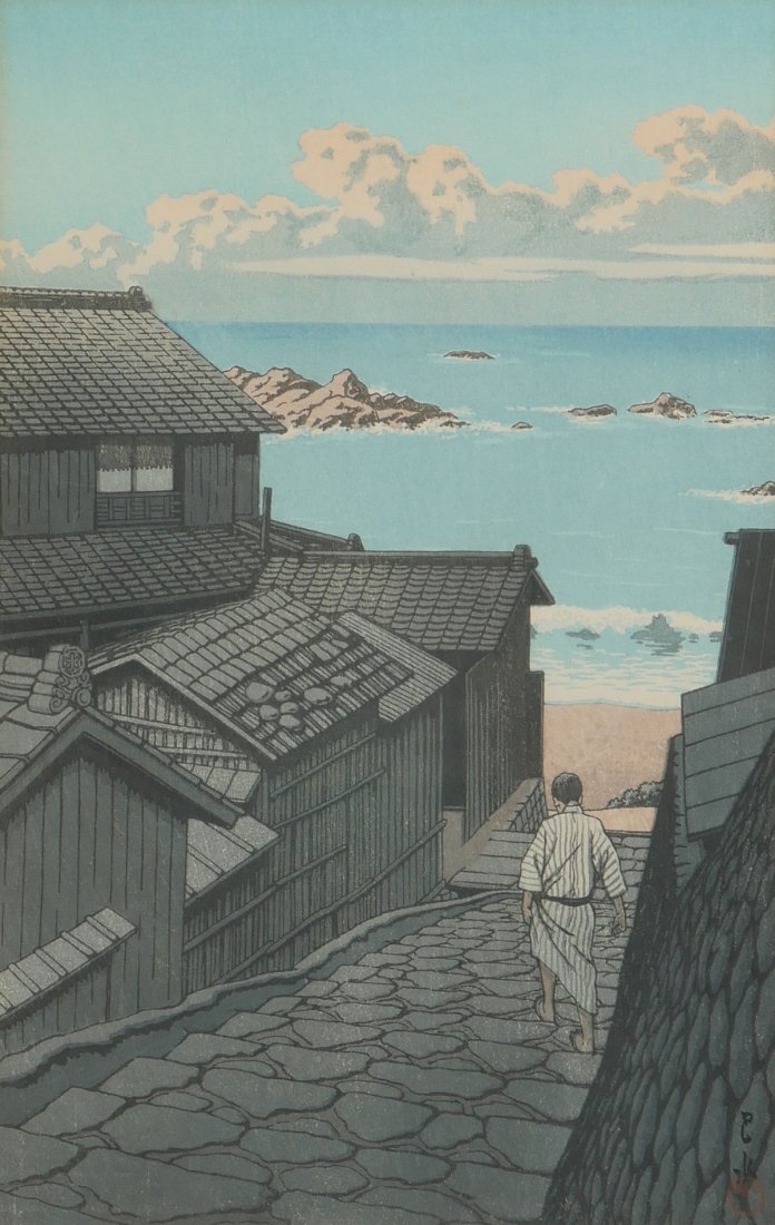 HASUI JAPANESE WOODBLOCK PRINT: HASUI, Kawase, (Japanese, 1883-1957): ''Namikiri, Shima, 1942'', Japanese Woodblock Print, 15.5'' x 10.5'' with margins, signed lower right, seal in the left margin, framed, 21'' x 16.5''.