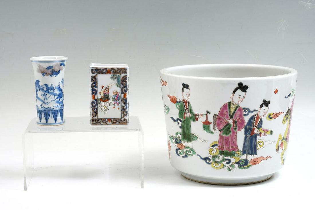 3 PC. CHINESE PORCELAIN COLLECTION: 3 PC. CHINESE PORCELAIN COLLECTION: Comprising; 1- Famille Rose enameled planter, having immortals on clouds and a figure on horseback.1- Square brush pot, having figural scenes. 1- Flared bud vase, h