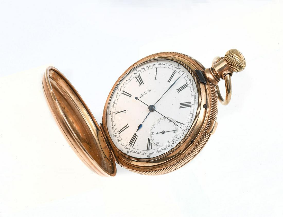 14K AMERICAN WALTHAM STOP WATCH/POCKET WATCH: 14K AMERICAN WALTHAM STOP WATCH/POCKET WATCH: 14K yellow Waltham watch is both a stop watch and pocket watch. Inside of case is marked A.C.Co G8812 14K. Total weight with movement approx 117.1 grams.