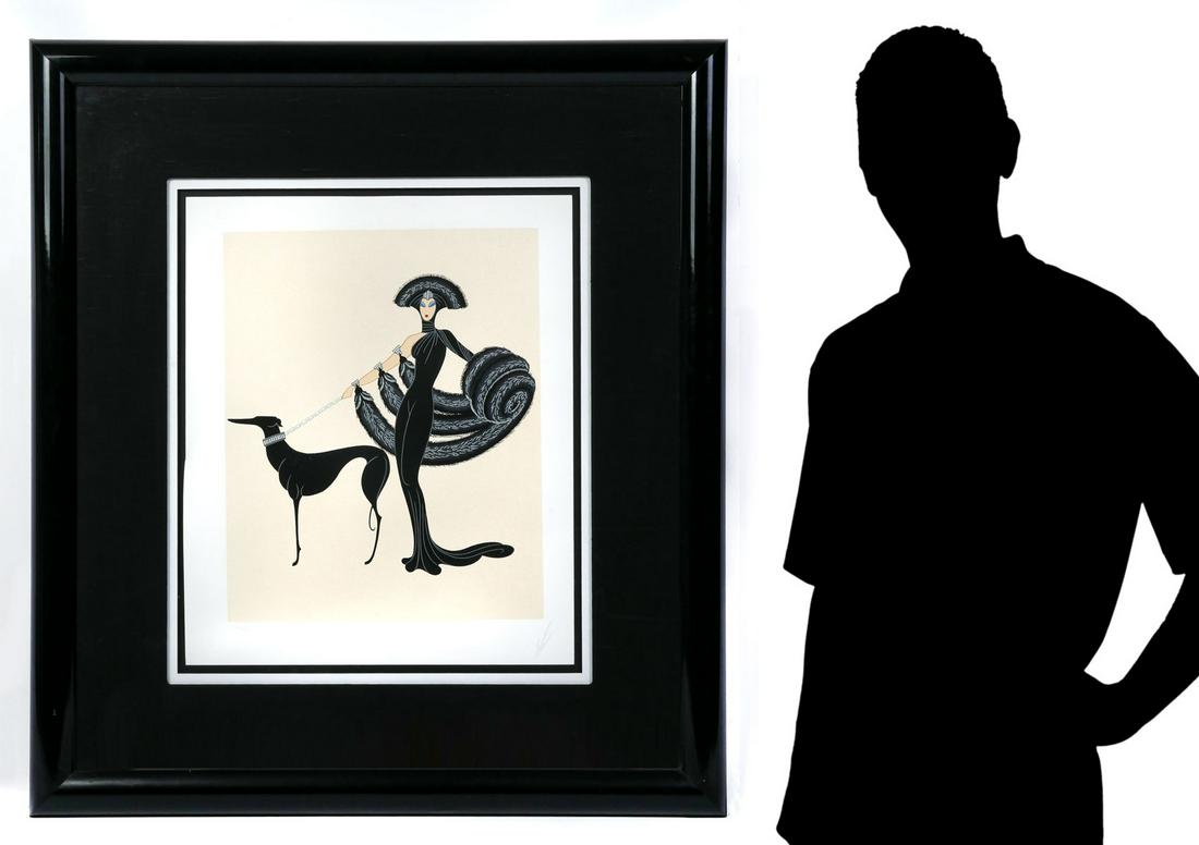 LARGE ERTE SERIGRAPH ELEGANT WOMAN WALKING HER DOG: LARGE ERTE SERIGRAPH ELEGANT WOMAN WALKING HER DOG: Sight size 26'' x 21'', pencil signed lower right, numbered 140/300 lower left, black lacquer frame, 42.5'' x 38.5''.