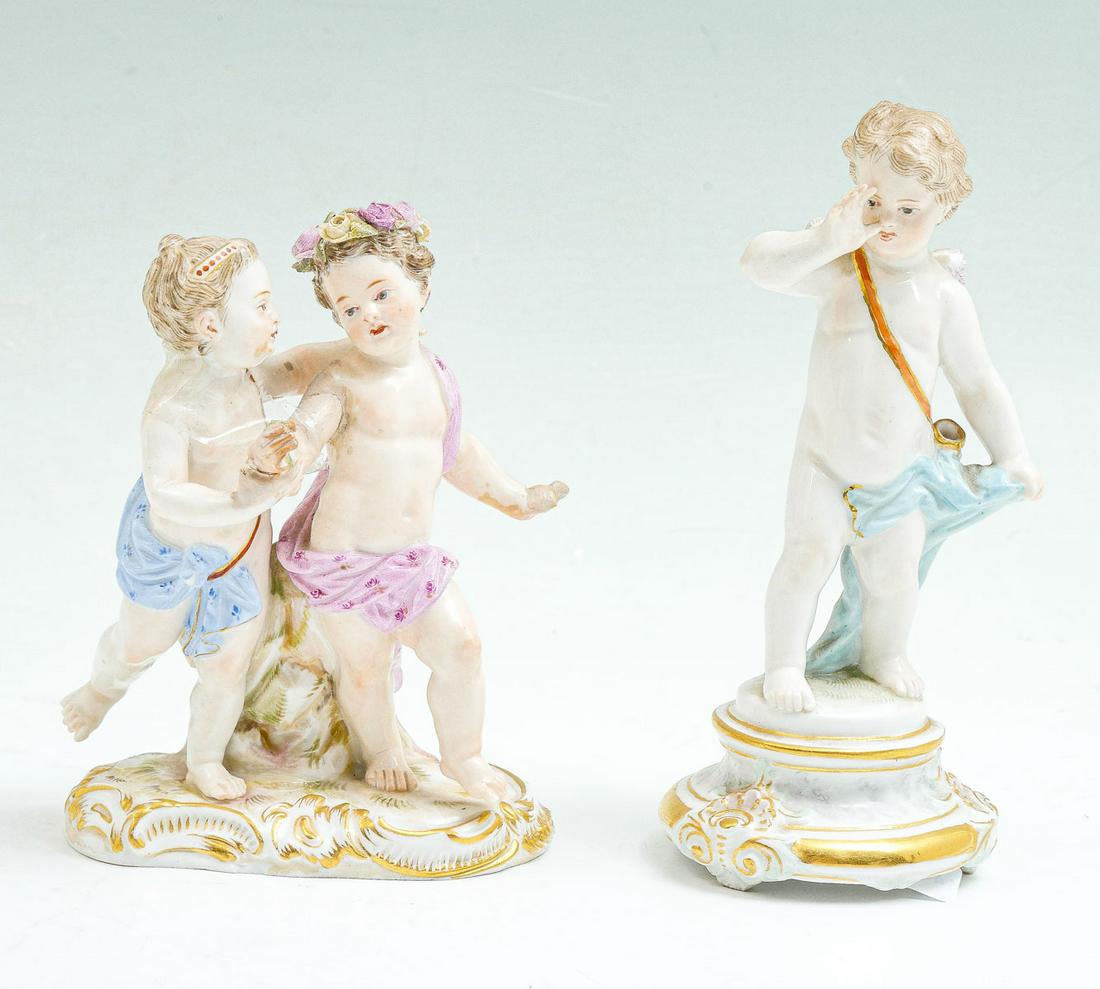 2 PC. MEISSEN PORCELAIN FIGURES: 2 PC. MEISSEN PORCELAIN FIGURES: Comprising; 1- Cherub with an empty arrow pouch. 1- Grouping of 2 playful children. Both have the blue crossed sword mark at undersides. Largest Approx. 5.25'' h x 2.5