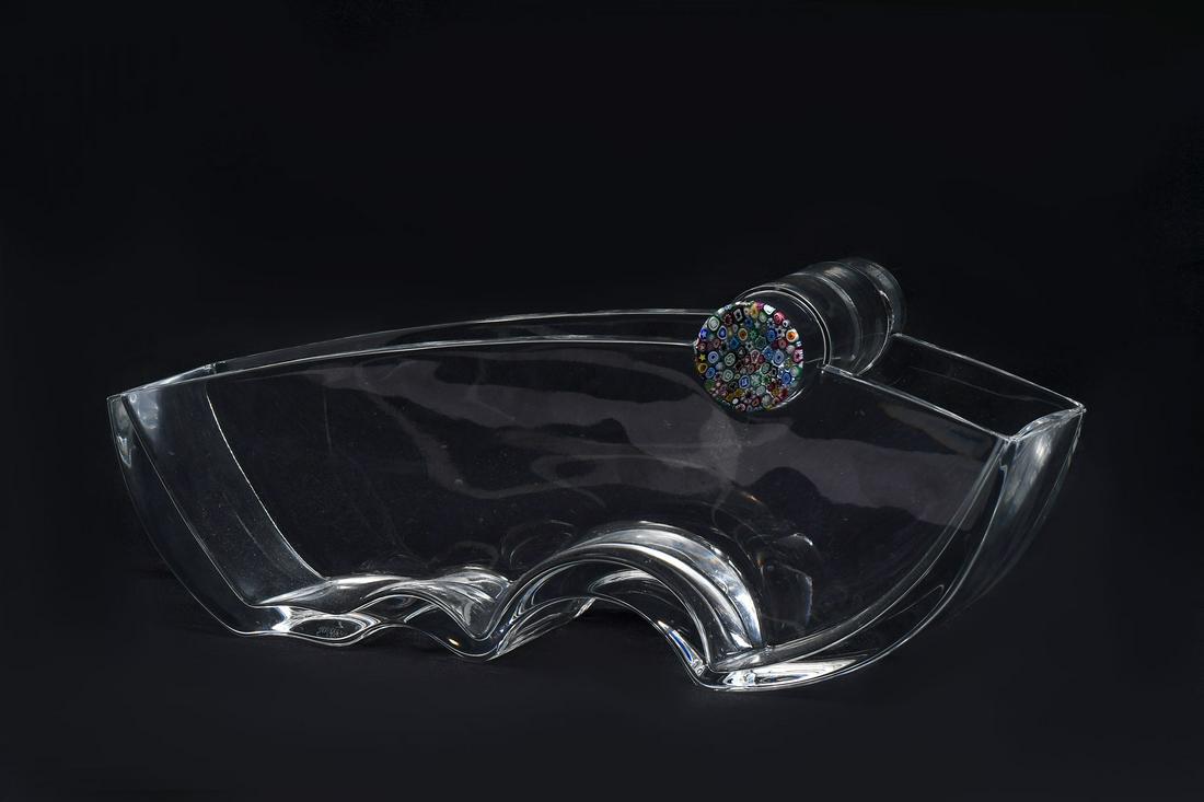 BACCARAT ''OCEANIE'' VASE IN BOX: BACCARAT ''OCEANIE'' VASE IN BOX: Baccarat ''Oceanie'' Vase designed by Thomas Bastide. Horizontal crystal vase with resting crystal and millefiori rod. Signed with acid stamp. In original Baccarat Re