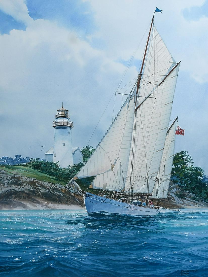 TOM FREEMAN ORIGINAL WATERCOLOR PAINTING: FREEMAN, Tom, (American, b. 1952): "Bermuda Ketch", Sailboat with Lighthouse, Watercolor, sight size 20.75" x 15.75", signed lower right and dated 1999, framed, 32.75" x 27.75". for more information a