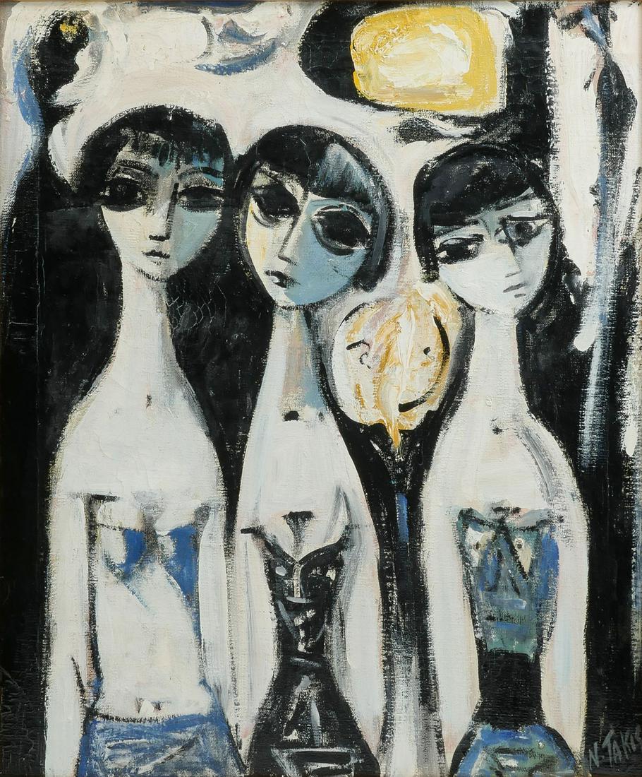 NICHOLAS TAKIS PAINTING THREE YOUNG BEAUTIES: TAKIS, Nicholas, (American, 1903-1965): Three Young Beauties, Oil/Canvas, 24'' x 20'', signed lower right, gilded and ebonized frame, 30.5'' x 26''.