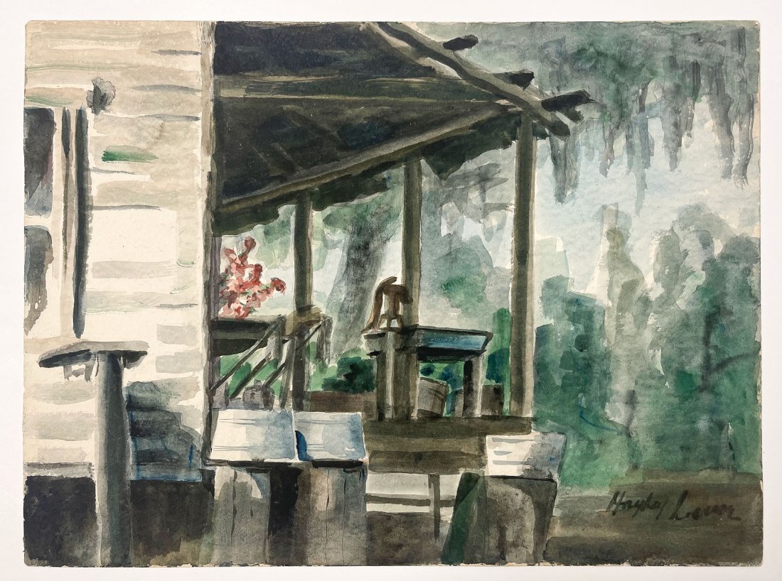 HAYLEY LEVER FLORIDA CRACKER CABIN PAINTING: LEVER, Hayley, (American/English, 1876-1958): ''Cracker Cabin, Punta Rassa'', Watercolor, 14.75x19.75, signed lower right, signed and titled ''Punta Rasa'' verso, unframed.