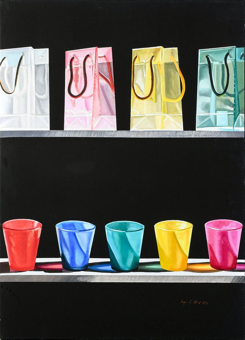 CONTEMPORARY VIVID SIGNED PAINTING TOTE BAGS & BEAKERS: CONTEMPORARY VIVID SIGNED PAINTING OF TOTE BAGS AND BEAKERS: Oil/Canvas, 39.5'' x 28.75'', signed lower right and dated 2001, marked verso ''Josef Segu''(?).