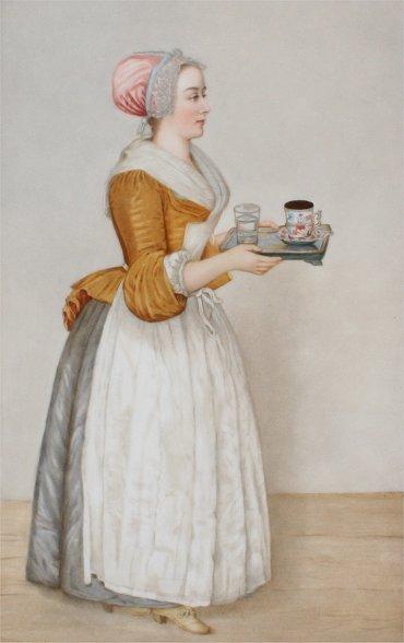 KPM PAINTING ON PORCELAIN PLAQUE: KPM PLAQUE OF DUTCH SERVANT WITH TEA: 15 5/8" x 10 1/4", impressed mark verso, carved and gilded period frame with minor wear, 20 1/2" x 15".