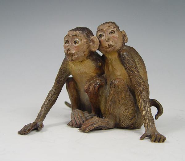 BERGMAN BRONZE MONKEYS: BERGMAN AUSTRIAN BRONZE MONKEYS: Franz Xavier Bergman (1861-1936). Cold painted bronze figure of two monkeys Impressed B in vase mark, 4 1/4''.