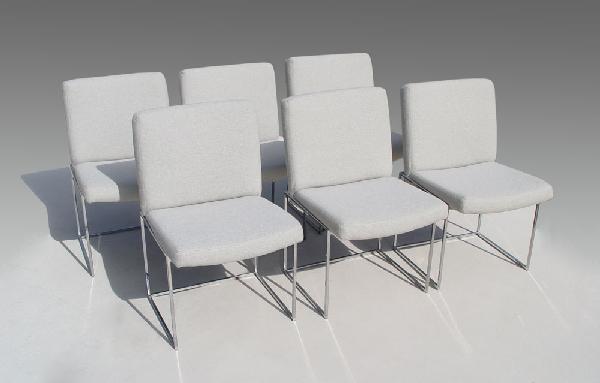 MILO BAUGHMAN FOR THAYER COGGIN 6 DINING CHAIRS: MILO BAUGHMAN FOR THAYER COGGIN SET OF 6 DINING CHAIRS: Gray fabric upholstery on chrome frames, labels to bottom, 33"h. x 21 1/2"d. x 20"w.