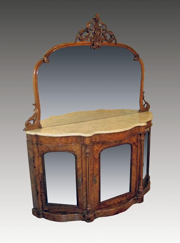 INLAID BURL MARBLE TOP CREDENZA WITH MIRROR: 19th C BURLED MARBLE TOP SERVER: Shaped marble top under the ornately crested mirror. Serpentine front bottom cabinet with three mirrored doors. Overall approx. 76"h. x 60"w. x 17"d.