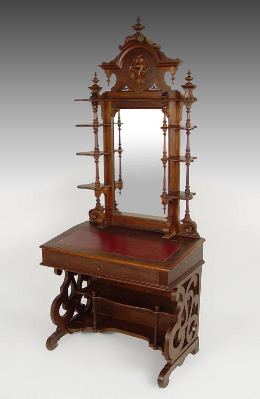 DIMINUTIVE VICTORIAN ETAGERE LADIES WRITING DESK: DIMINUTIVE VICTORIAN ETAGERE LADIES WRITING DESK: Tall mirrored back with mirrored crest and urn finial, mirror is framed by shelves with turned dowel supports. Lower part with a lift top desk with 3 