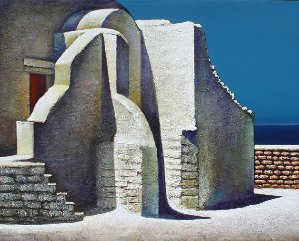 HUGE ORIGINAL MEDVEDEV PAINTING: MEDVEDEV, Igor, (Russian, 1931-): Outside a Greek Dwelling, OIL/Canvas, signed, dated verso, 48" x 60", framed, 57 1/2" x 69". Purchased directly from the artist.