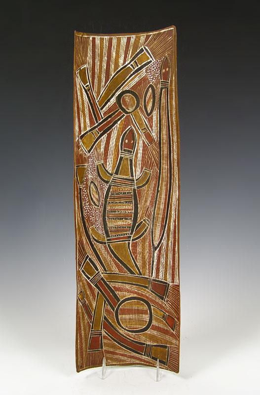 AUSTRALIAN ABORIGINAL BARK PAINTING OF GOANNA: AUSTRALIAN ABORIGINAL BARK PAINTING OF GOANNA: Titled on label verso ''The dreamtime era creator left the goanna and the cabbage palm in O'O country''. Partial artist name on label Daynunjou?? 25 year