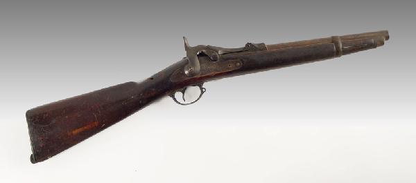 1873 US SPRINGFIELD RIFLE CONVERTED TO LAMP: 1873 US SPRINGFIELD RIFLE CONVERTED TO LAMP: Unfortunate condition as barrel as been shortened and threaded internally to hold lamp parts. Traces of US Springfield on lock and marked US Model 1878 on 