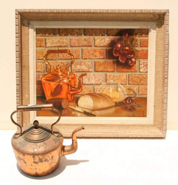 VERA RABE STILL LIFE PAINTING : RABE, Vera, (American, 20th Century): Still Life with Tea Kettle, OIL/Canvasboard, 16" x 20", signed, carved frame, 22 1/2" x 26 1/2", label verso, sold with tea kettle.