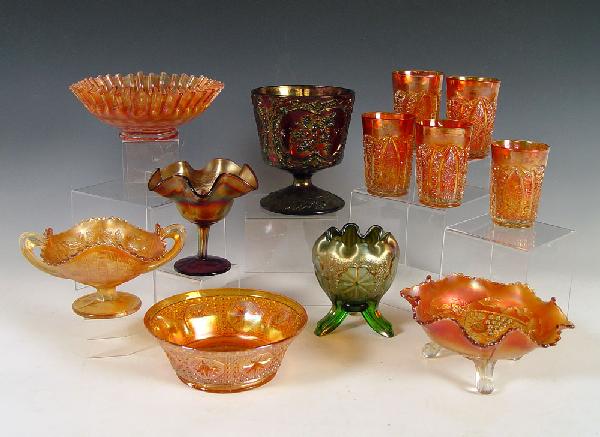 12 PIECE CARNIVAL GLASS LOT: 12 PIECE CARNIVAL GLASS LOT: Featuring Fenton Coin Dot fluted bowl 3"h. x 8 1/4"; Fenton pedestal vase 6 1/2"h. x 5 3/4"; Five tumblers approx. 4 1/4"h., two with chips to underside bottom rims; doubl