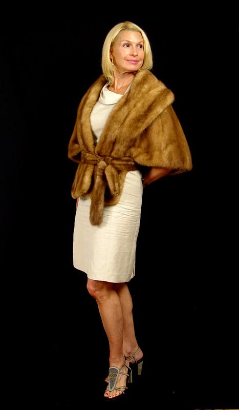 MINK WRAP: MINK WRAP WITH FULL LAPEL AND BELT: Rich collar lapel continues into slit pockets. 24" long in the front.