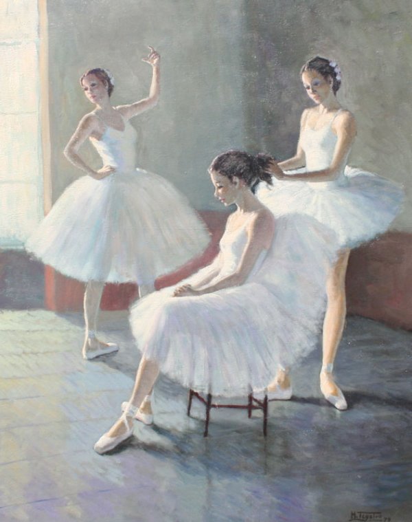 MANUEL TEGEIRO SPANISH BALLERINA PAINTING : TEGEIRO, Manuel, (Spanish, 20th C.): Ballerinas Stretching in the Studio, OIL/Canvas, 30" x 24", signed, dated, '79, framed, 37" x 41".