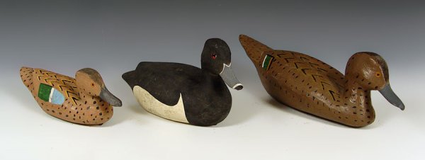 COLLECTION OF 3 LOUISIANA DUCK DECOYS: COLLECTION OF 3 LOUISIANA DUCK DECOYS: To include 1) Joe Verdin Teal Hen working decoy, 3 3/4" h. x 10 1/4" x 3 1/4". 2) Joe Verdin Pintail Hen working decoy, 5" x 16" x 4 1/2". 3) Barry Chauvin Ringn