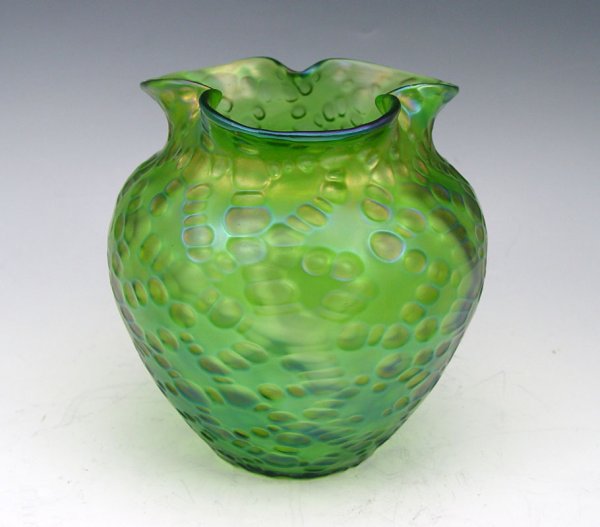 LOETZ RUSTICANA ART GLASS VASE: LOETZ RUSTICANA ART GLASS VASE: Ruffle rim, green iridescent glass, 6"h.