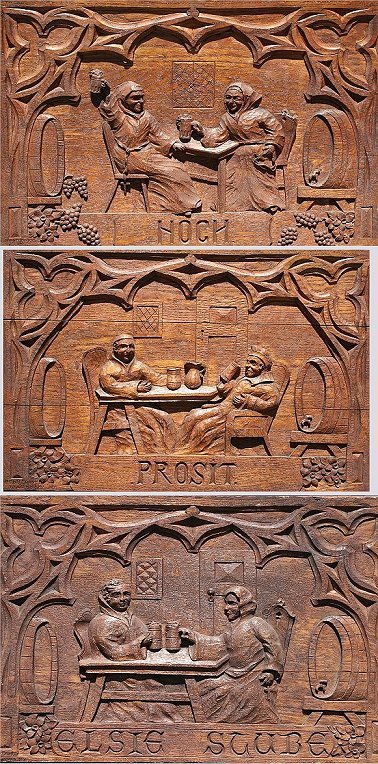 3 LEO KNAPP CARVED WOOD PLAQUES: 3 LEO KNAPP CARVED WOOD PLAQUES: Tavern scenes carved by Leo Knapp, dated 1931, carved in the Empire State Building lobby. 24" x 36 1/4"