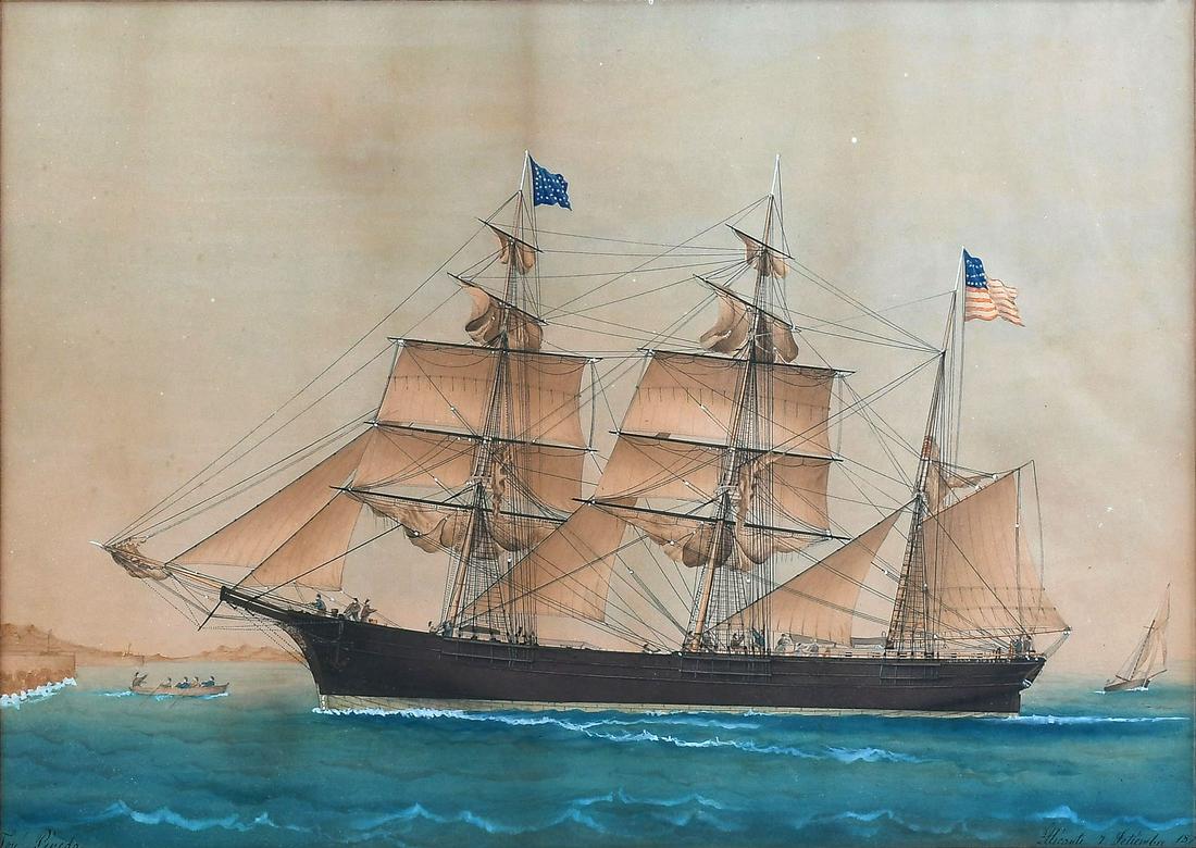 JOSE PINEDA WATERCOLOR AMERICAN CLIPPER SHIP 1870?: JOSE PINEDA WATERCOLOR PAINTING AMERICAN CLIPPER SHIP 1870: Sight size 16.5'' x 23'', signed lower left, framed, 24.5'' x 30.5''.