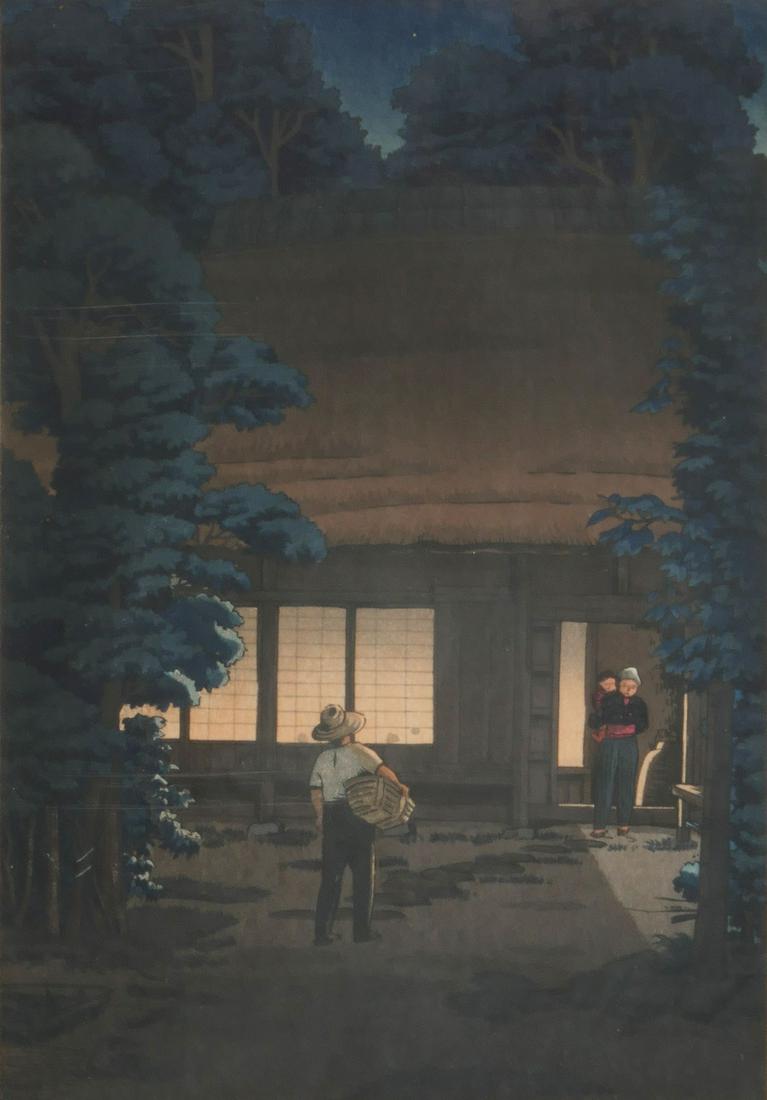 KOITSU JAPANESE WOODBLOCK PRINT ''SUBURB OF MUSASHI": KOITSU, Tsuchiya, (Japanese, 1879-1949): ''Suburb of Musashino, 1950'', Japanese Woodblock Print, 16'' x 11.5'' with margins, signed lower right, stamped in the left margin, framed, 21'' x 16.5''.