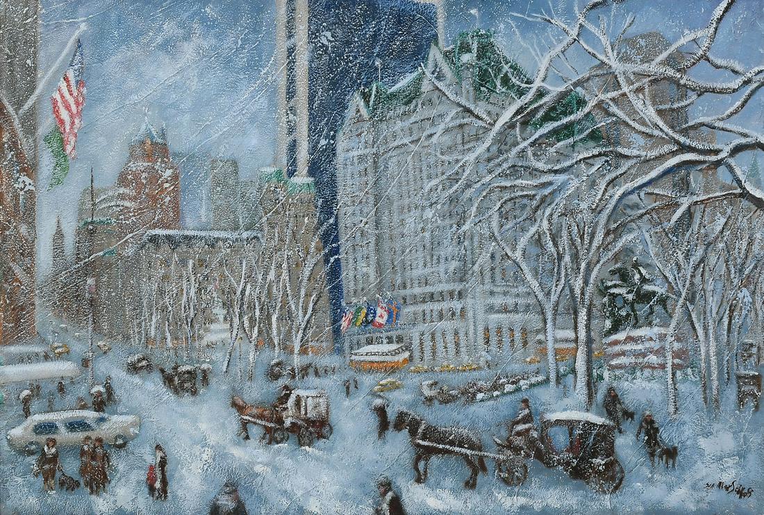 ALEX SCHLOSS NEW YORK CITY IN WINTER PAINTING: SCHLOSS, Alex, (American, 1921-2011): New York City Street Scene in Winter, Oil/Masonite, 24" x 36", signed lower right, framed, 32" x 44".