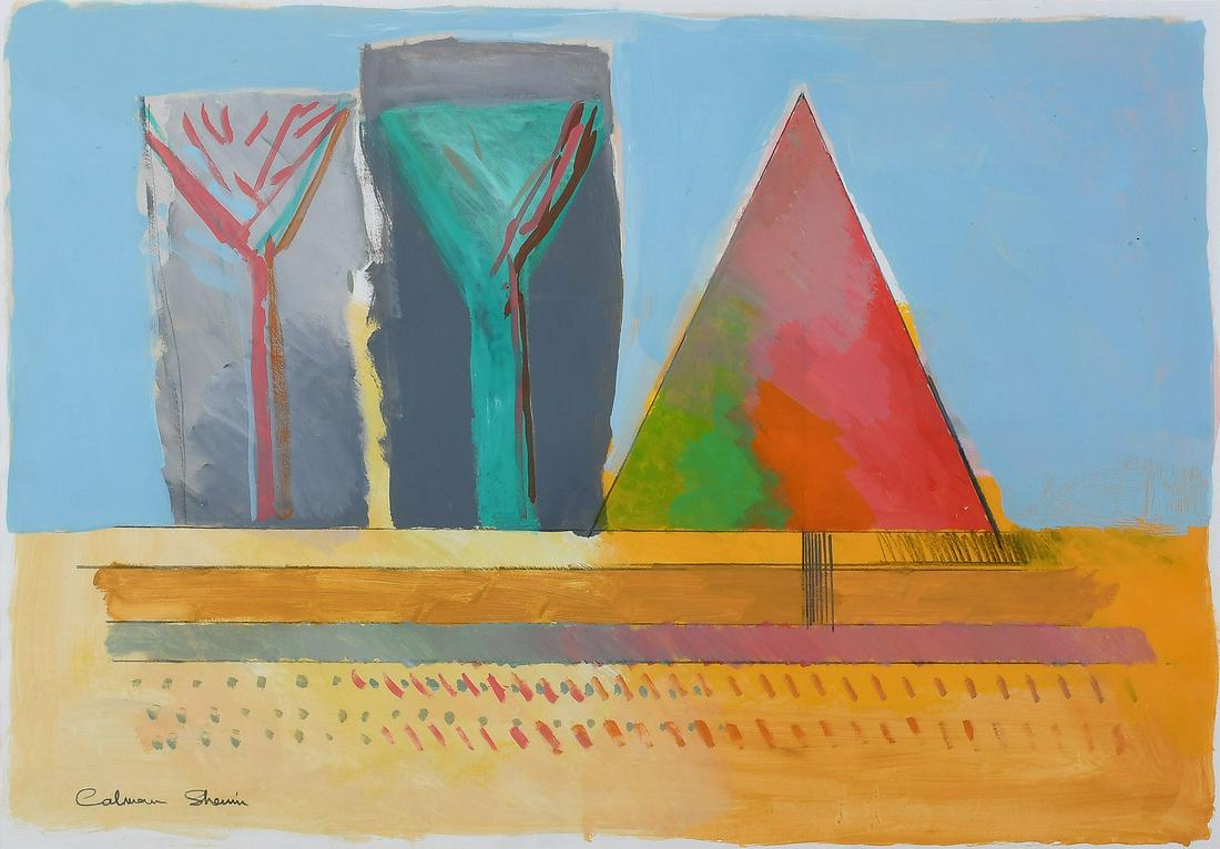 CALMAN SHEMI ORIGINAL PAINTING PYRAMID ON A STICK: SHEMI, Calman, (Argentinian/Israeli, b. 1939): Pyramid on a Stick, Oil/Paper, sight size 27" x 38.5", signed lower left, framed by Circle Fine Art, 35" x 46.5", label affixed verso.