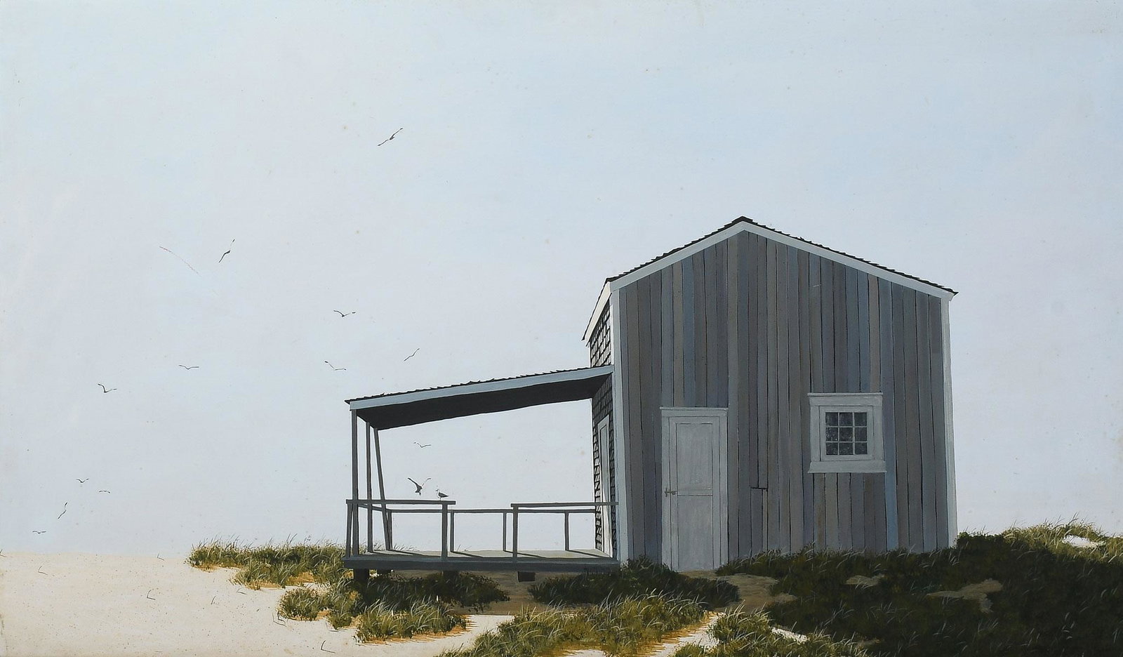 LARGE JAMES CROMARTIE BEACH SHACK PAINTING: CROMARTIE, James H., (b. 1944): Beach Shack, Oil/Masonite, 24" x 40.25", signed lower right, original frame, 28.5" x 44.5".