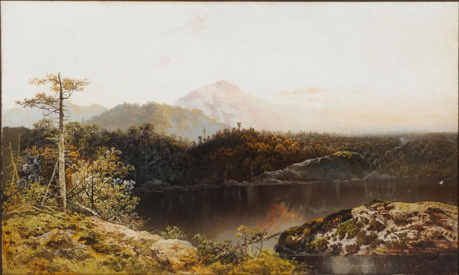 CHARLES CHAPIN ADIRONDACK LAKE LANDSCAPE PAINTING: CHAPIN, Charles Henry, (American, 1830-1889): Lakeside Scene in the Adirondacks, Oil/Canvas, 22.25" x 36", signed lower left, framed, 26" x 39.75".