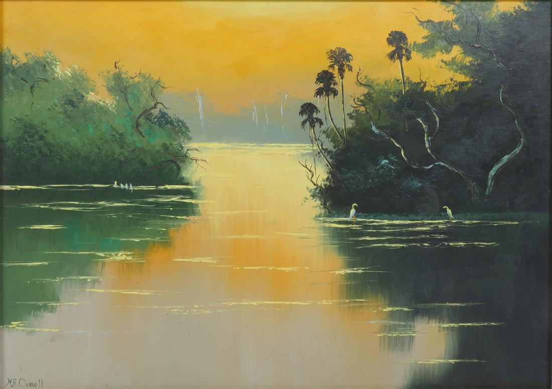 MARY ANN CARROLL FLORIDA HIGHWAYMAN RIVER PAINTING: CAROLL, Mary Ann, (American, b. 1940): Florida Highwayman River Scene with Herons, Oil/Upson Board, 24" x 32", signed lower left, framed, 28.25" x 36.25".