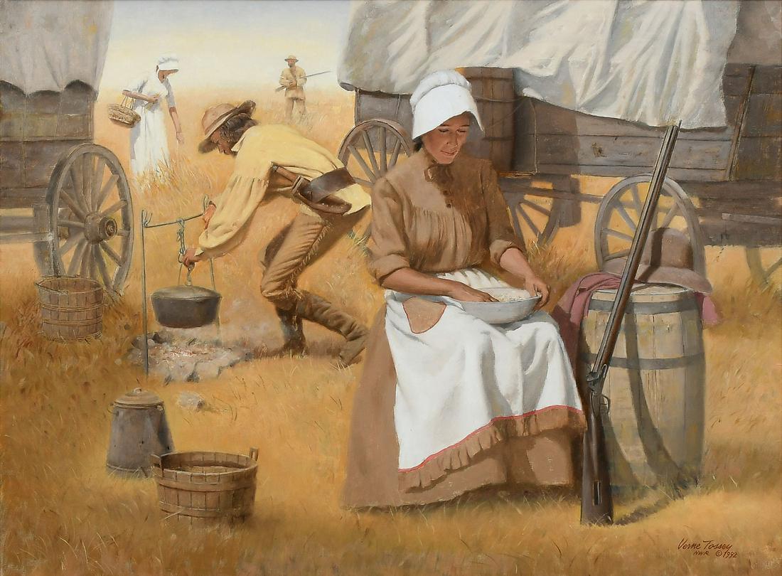 VERNE TOSSEY PIONEER CAMP PAINTING: TOSSEY, Verne, (American, 1920-2002): Early Settlers on the Route Out West, Oil/Masonite, 18'' x 24'', signed lower right, inscribed ''N.W.R.'' and dated 1992, framed, 25.25'' x 31.25''.