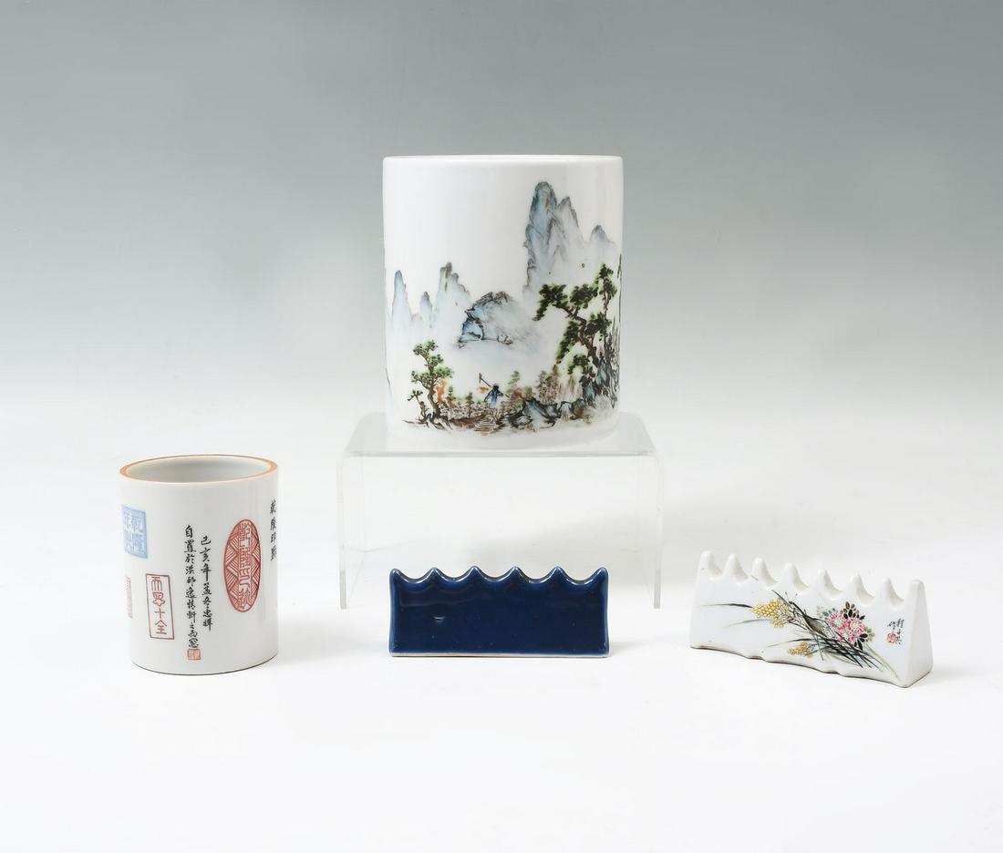 4 PC. CHINESE PORCELAIN BRUSH POTS & BRUSH RESTS: 4 PC. CHINESE PORCELAIN BRUSH POTS & BRUSH RESTS: Comprising; 1- Republic period brush rest, having an enameled Praying Mantis amongst floral & foliate. Verso has archaic style characters. 1- Monochro