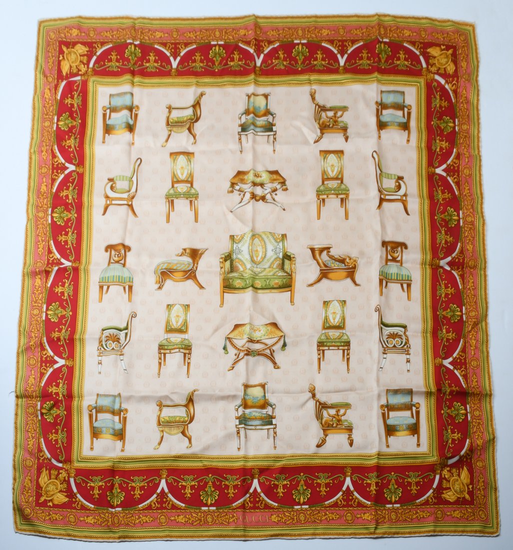 VINTAGE RED & GOLD GUCCI "CHAIR" SCARF: VINTAGE RED & GOLD GUCCI "CHAIR" SCARF: Wonderful vintage red border scarf with green chairs on a champagne color background. Hand rolled edges. Measures approx 33.5" x 34". Colors would complement mo