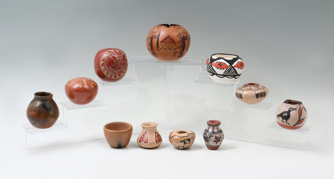 NATIVE AMERICAN GILA POLYCHROME BOWL: NATIVE AMERICAN MINIATURE POTTERY ITEMS: 11 items include: 1) Jemez Seed Jar by Maria Martinez, 2.75" h x 4" d; 2) Pojoaque Seed Jar by Mary Gutierrez, 2.5" h x 2.5" d; 3) Isleta Bowl by Feliz, 2.125"