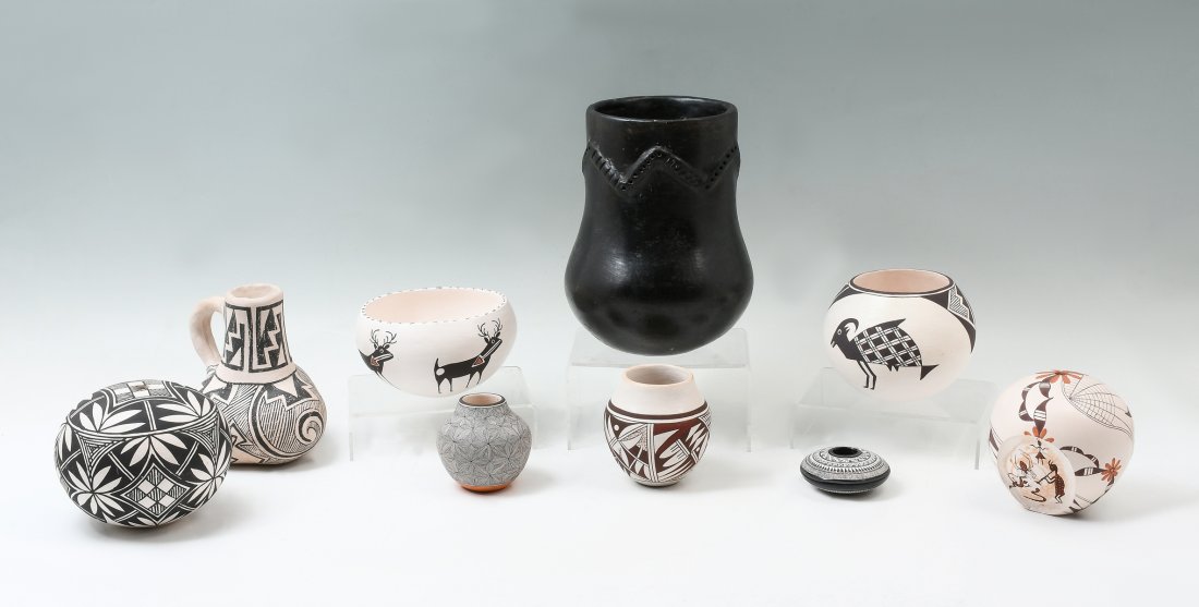 NATIVE AMERICAN ASSORTED POTTERY & BOOK: NATIVE AMERICAN ASSORTED POTTERY: 1) Jemez Seed Jar signed Sal & Flo Yepa and decorated with a medicine flower, a grandmother spider a sun creature, Kokopelli, a lizard and a serpent; 4" h x 4.5" d; 2