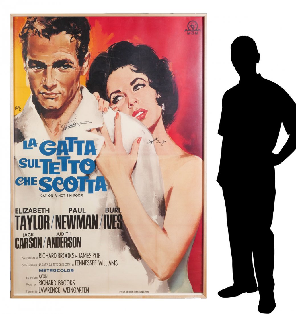 GIANT ITALIAN EDITION POSTER "CAT ON A HOT TIN ROOF": GIANT ITALIAN EDITION POSTER "CAT ON A HOT TIN ROOF": Maple frame, canvas-backed, signed by Paul Newman and Elizabeth Taylor, sight size approximately 77" x 54", framed, 78.5" x 55.75".