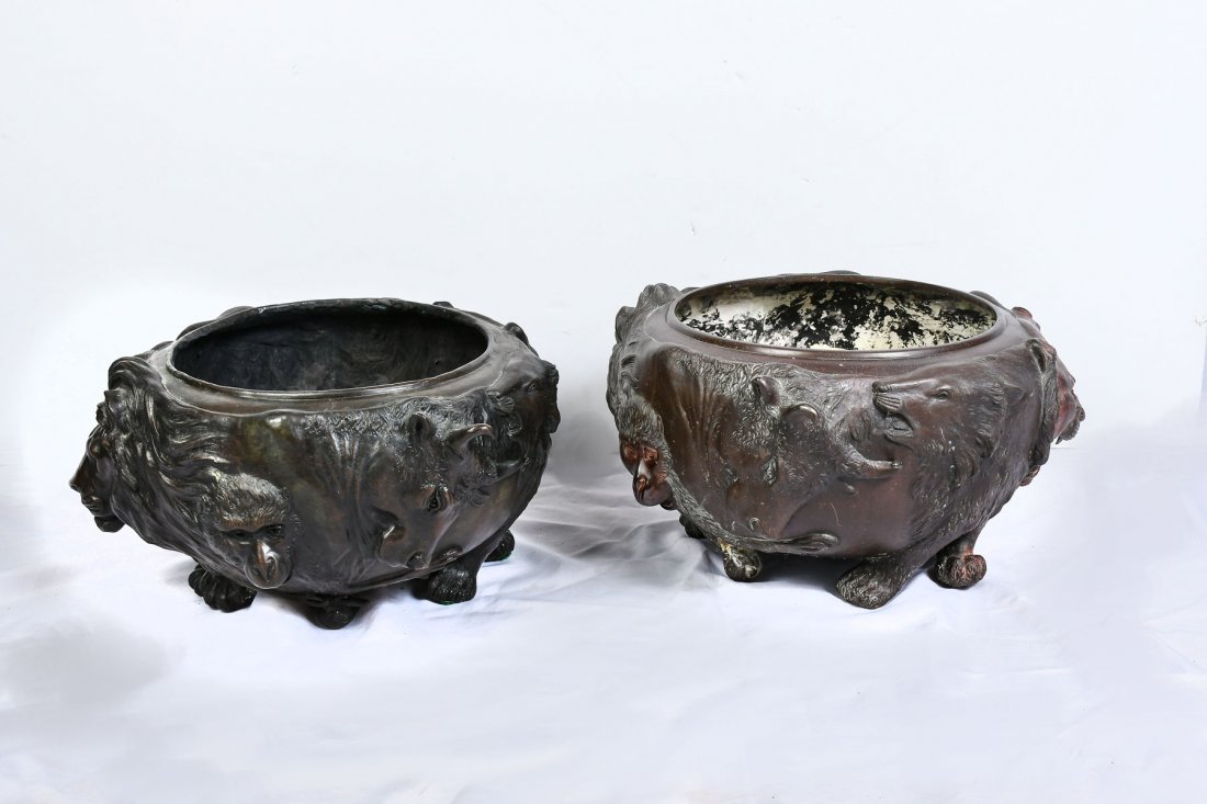 PAIR OF LARGE JAPANESE MEIJI FIGURAL JARDINIERE: PAIR OF LARGE MEIJI JAPANESE FIGURAL JARDINIERE: Pair of Japanese bronze jardinieres, having an encompassing raised animals including: Elephant, Lion, Gorilla, Bear, & a Water Buffalo. One signed by G