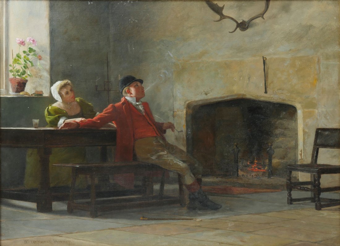 WILLIAM VERPLANCK BIRNEY AFTER THE HUNT PAINTING: BIRNEY, William Verplanck, (American, 1858-1909): Interior Tavern Scene with Barmaid and Fox Hunter Smoking a Pipe, Oil/Canvas, 18" x 24", signed lower left, framed, 20.5" x 26.5".