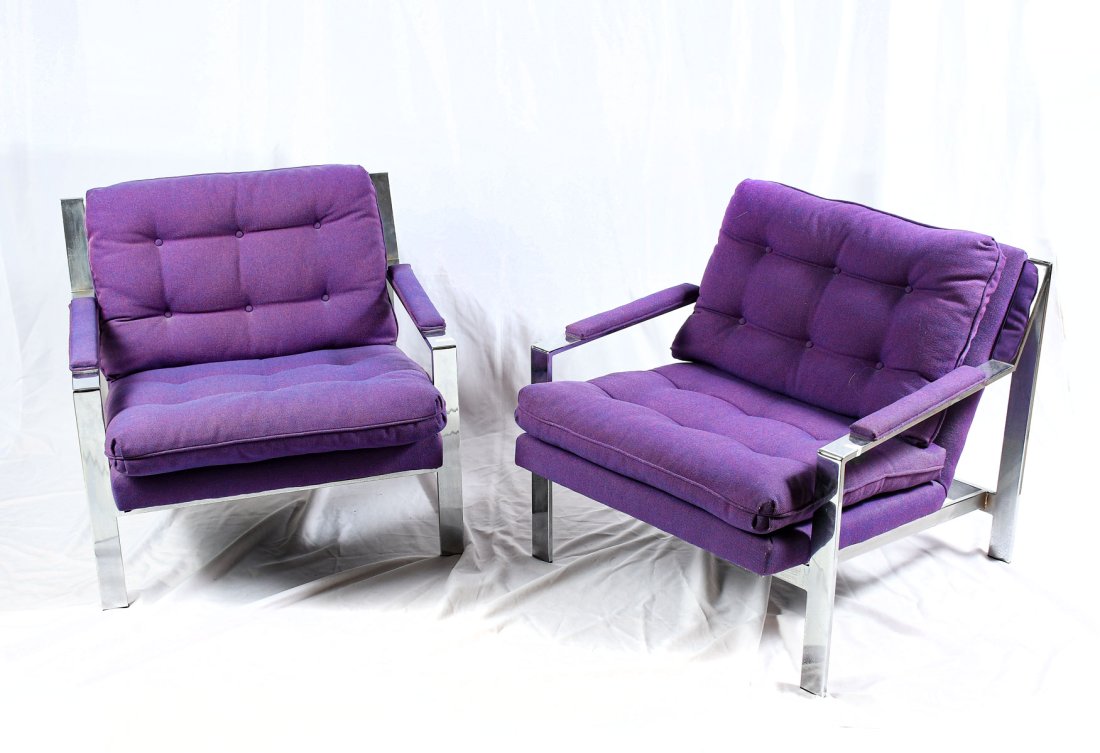 PAIR OF MILO BAUGHMAN STYLE CHROME ARMCHAIRS: PAIR OF MILO BAUGHMAN STYLE CHROME ARMCHAIRS: Pair of mid-century modern chromed armchairs, having purple upholstery. "Forecast Furniture" tag resides under cushion. Approx. 31" h x 29.25" l x 32.25"
