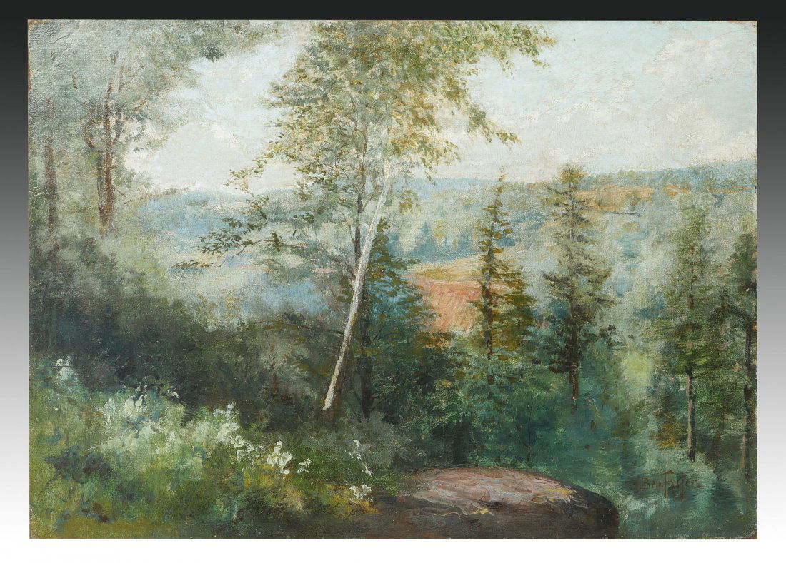 BEN FOSTER LANDSCAPE PAINTING: FOSTER, Ben, (American, 1852-1926): Landscape View from the Ridge, Oil/Canvas, 14" x 20", signed lower right, unframed.