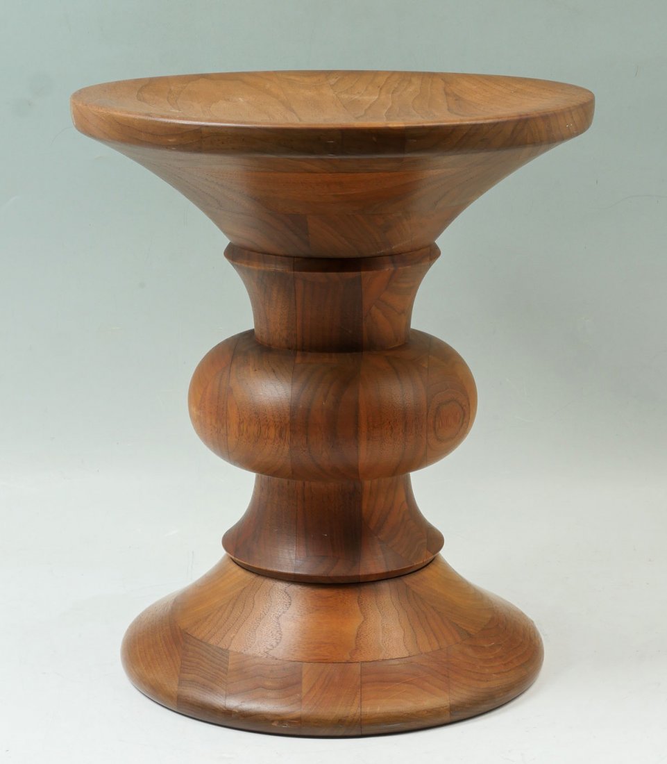 MID-CENTURY MODERN EAMES WALNUT STOOL: MID-CENTURY MODERN EAMES WALNUT STOOL: Designed by Charles & Ray Eames to be used as a low table in the Time & Life building in Manhattan. Made by Herman Miller. Approx. 15.25" h x 13" dia.